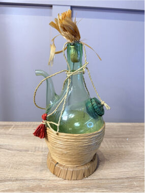 Vintage Hand Blown Italian Green Glass Wine Decanter With Ice Chamber 12” Tall